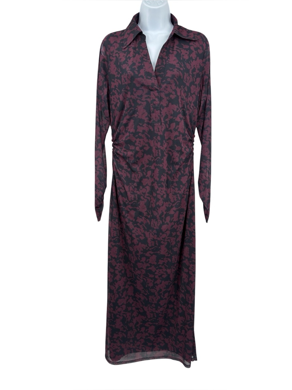Madewell Long-Sleeve Abstract Floral Polo Slim Midi Dress XL In Deep Aubergine